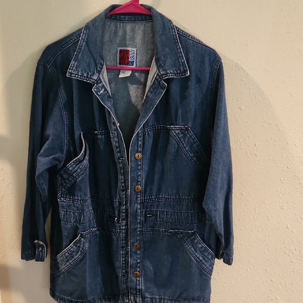 Sun Belt Denim Long Denim Jacket With Cinched Waist Sz.S Over-Sized Vintage